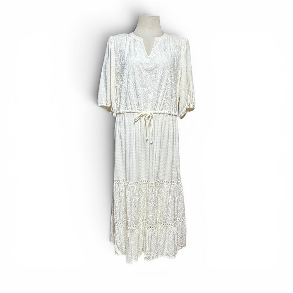 Nature by Westbound Woman Short Sleeve Midi Dress Eyelet Pointel Cream 1X
